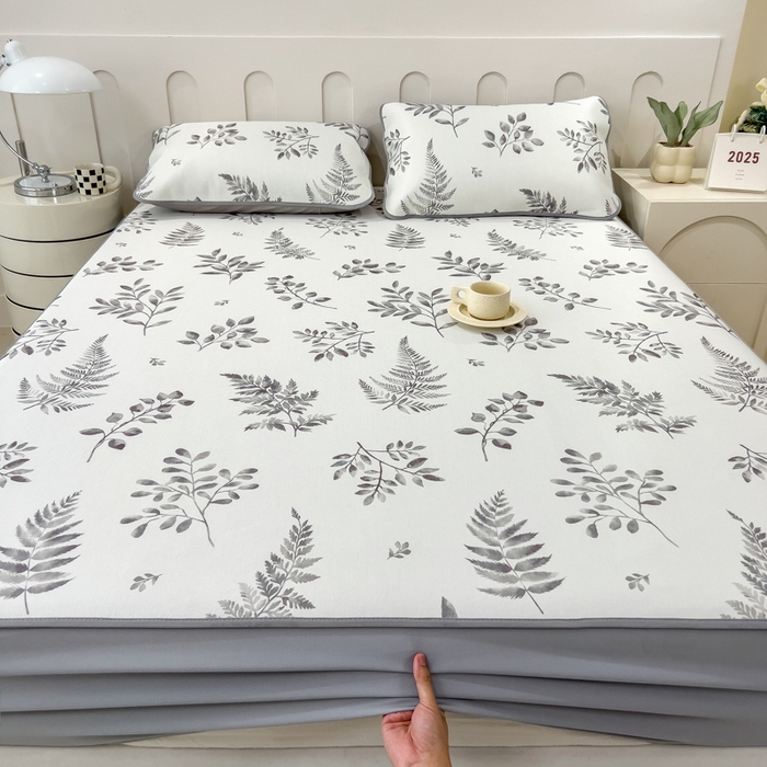 91家纺网 家纺一手货源 找家纺 2025年新款600D丝滑冰丝凉席-床笠款 素叶灰