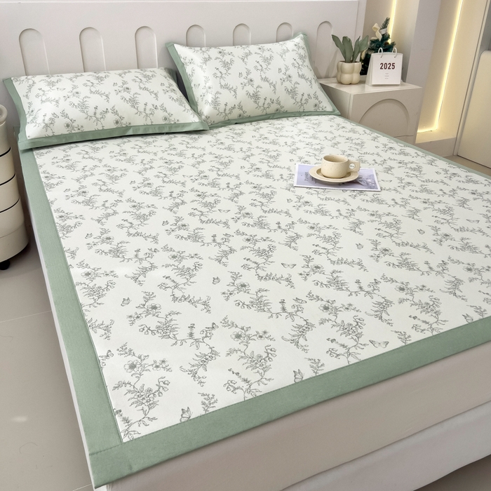 91家纺网 家纺一手货源 找家纺 倾慕家纺 2025年新款600D丝滑冰丝凉席-床席款 连理枝绿
