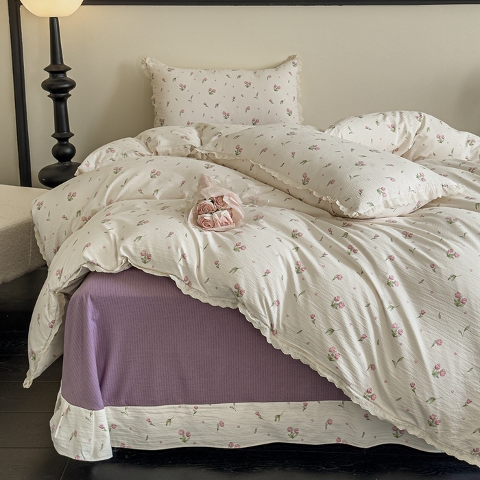 91家纺网 家纺一手货源 找家纺 可思家纺 2025新款法式皱皱纱四件套 小玫瑰