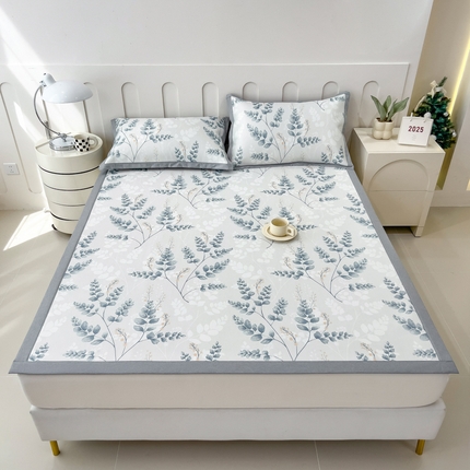 倾慕家纺 2025年新款600D丝滑冰丝凉席-床席款 天叶蓝