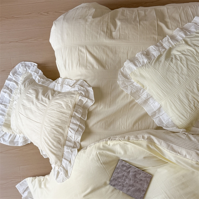 91家纺网 家纺一手货源 找家纺 尺素 2025纯棉双层花边韩式四件套全棉纯色ins风民宿被套纯色1.8床笠双人加大床单公主风床上用品 奶泡泡-芝芝软芙