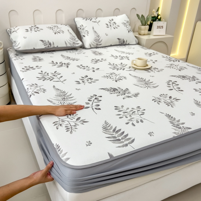 91家纺网 家纺一手货源 找家纺 2025年新款600D丝滑冰丝凉席-床笠款 素叶灰