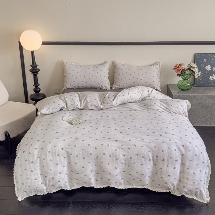 91家纺网 家纺一手货源 找家纺 可思家纺 2025新款法式皱皱纱四件套 甜心格子