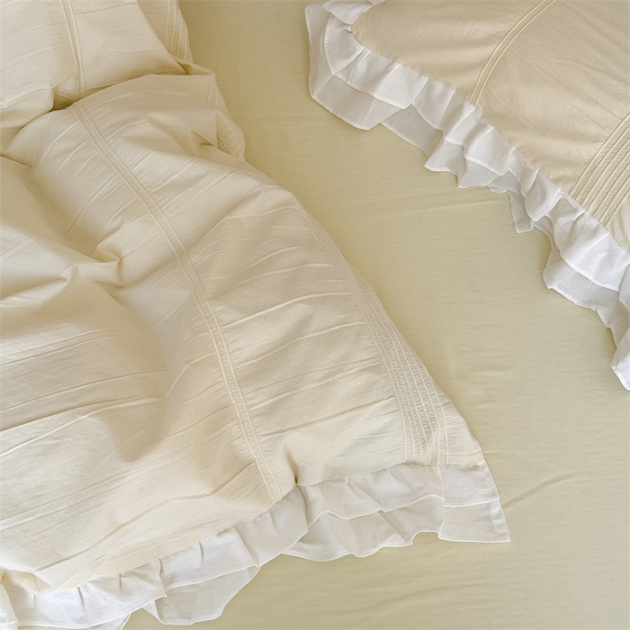 91家纺网 家纺一手货源 找家纺 尺素 2025纯棉双层花边韩式四件套全棉纯色ins风民宿被套纯色1.8床笠双人加大床单公主风床上用品 奶泡泡-芝芝软芙