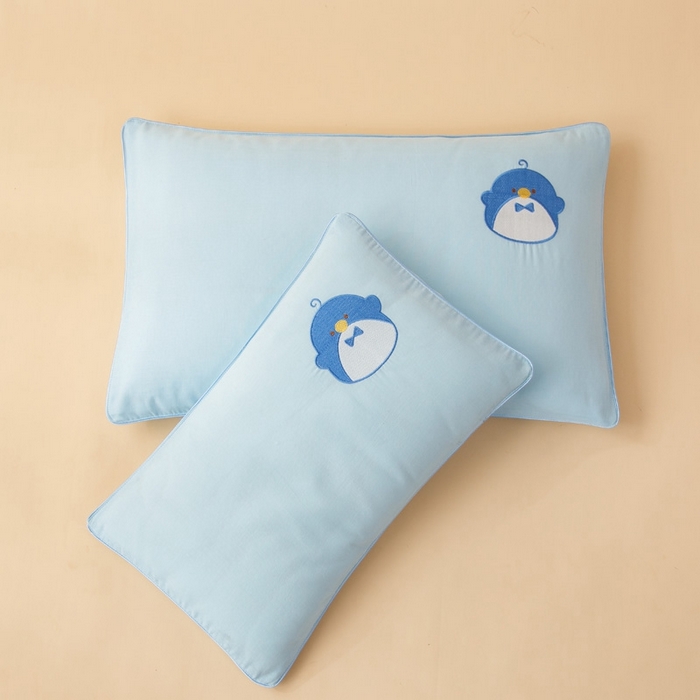 91家纺网 家纺一手货源 找家纺 喜多兔2025新款小轻柔纯棉双层纱枕套枕头 蓝色Q企鹅