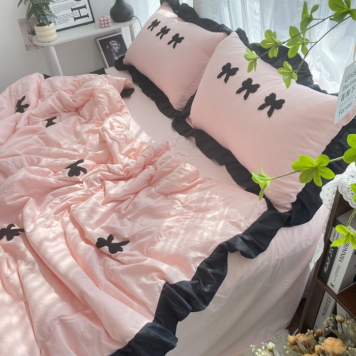 91家纺网 家纺一手货源 找家纺 2025新款毛巾绣单夏被夏被四件套 蝴蝶结 -粉
