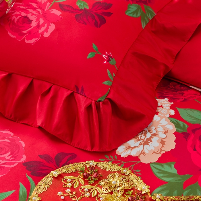 91家纺网 家纺一手货源 找家纺 卓缦2025新款亲肤棉韩版印花花边婚庆四件套 欢颜