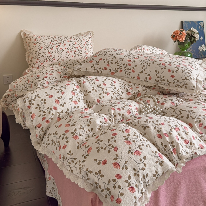 91家纺网 家纺一手货源 找家纺 可思家纺 2025新款法式皱皱纱四件套 桃夭