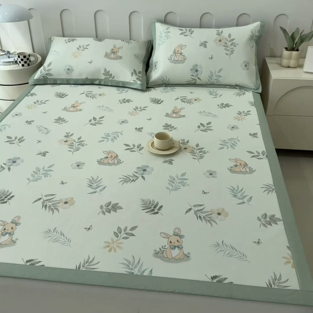 91家纺网 家纺一手货源 找家纺 倾慕家纺 2025年新款600D丝滑冰丝凉席-床席款 聪明小兔