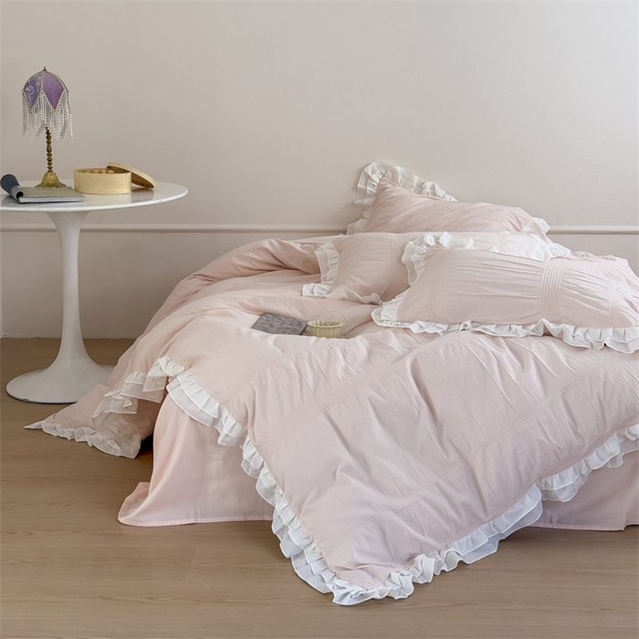 91家纺网 家纺一手货源 找家纺 尺素 2025纯棉双层花边韩式四件套全棉纯色ins风民宿被套纯色1.8床笠双人加大床单公主风床上用品 奶泡泡-涂涂小桃