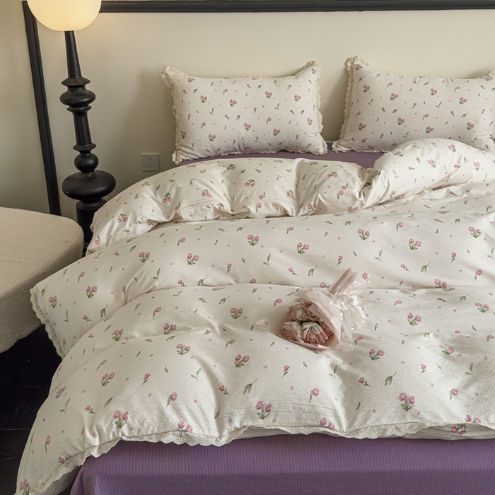 91家纺网 家纺一手货源 找家纺 可思家纺 2025新款法式皱皱纱四件套 小玫瑰