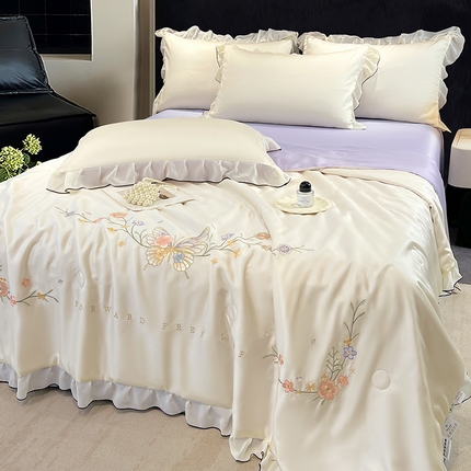（总）梦舒羽 2025新款刺绣水洗真丝花边夏被四件套宿舍夏凉被床单枕套三件套-蝶梦花边款