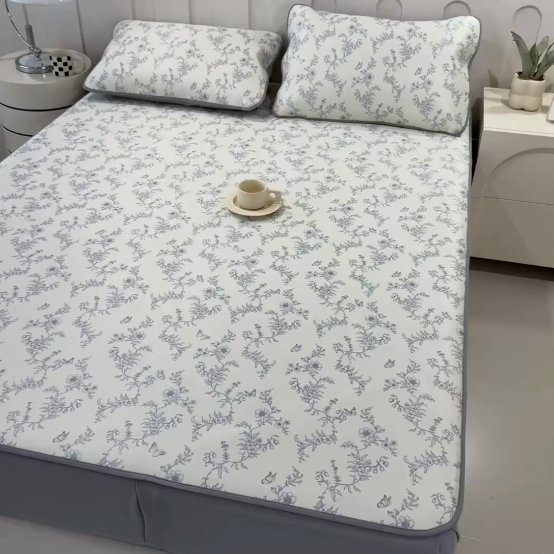 91家纺网 家纺一手货源 找家纺 2025年新款600D丝滑冰丝凉席-床笠款 连理枝绿