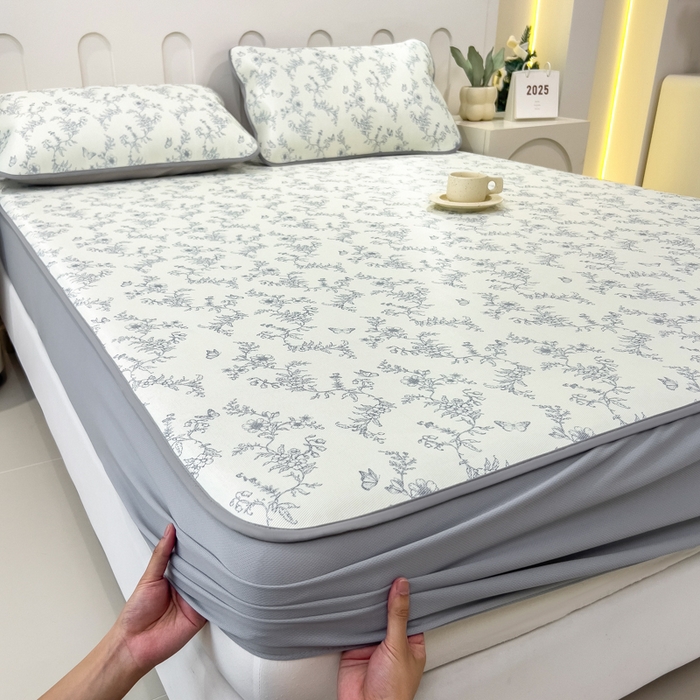 91家纺网 家纺一手货源 找家纺 2025年新款600D丝滑冰丝凉席-床笠款 连理枝蓝