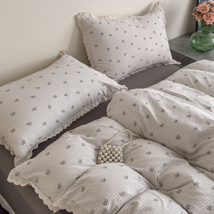 91家纺网 家纺一手货源 找家纺 可思家纺 2025新款法式皱皱纱四件套 甜心格子