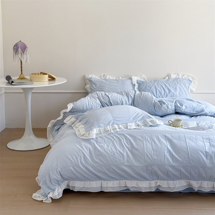 91家纺网 家纺一手货源 找家纺 尺素 2025纯棉双层花边韩式四件套全棉纯色ins风民宿被套纯色1.8床笠双人加大床单公主风床上用品 奶泡泡-也许雾蓝