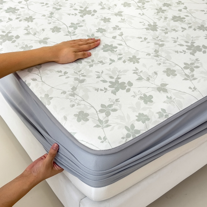 91家纺网 家纺一手货源 找家纺 2025年新款600D丝滑冰丝凉席-床笠款 花点点绿