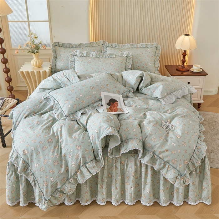 91家纺网 家纺一手货源 找家纺 缦彩 2025新款韩版纯棉床裙四件套 贝丽花都