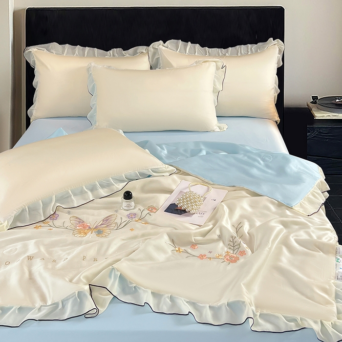 91家纺网 家纺一手货源 找家纺 梦舒羽 2025新款刺绣水洗真丝花边夏被四件套宿舍夏凉被床单枕套三件套-蝶梦花边款 蝶梦-蓝 花边款