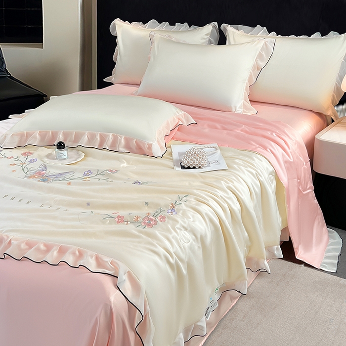 91家纺网 家纺一手货源 找家纺 梦舒羽 2025新款刺绣水洗真丝花边夏被四件套宿舍夏凉被床单枕套三件套-蝶梦花边款 蝶梦-粉 花边款