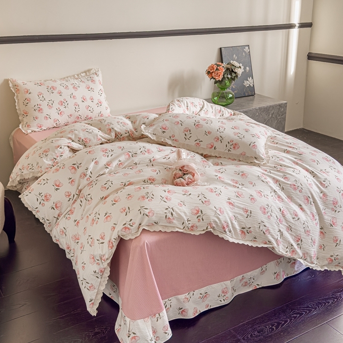 91家纺网 家纺一手货源 找家纺 可思家纺 2025新款法式皱皱纱四件套 粉佳人