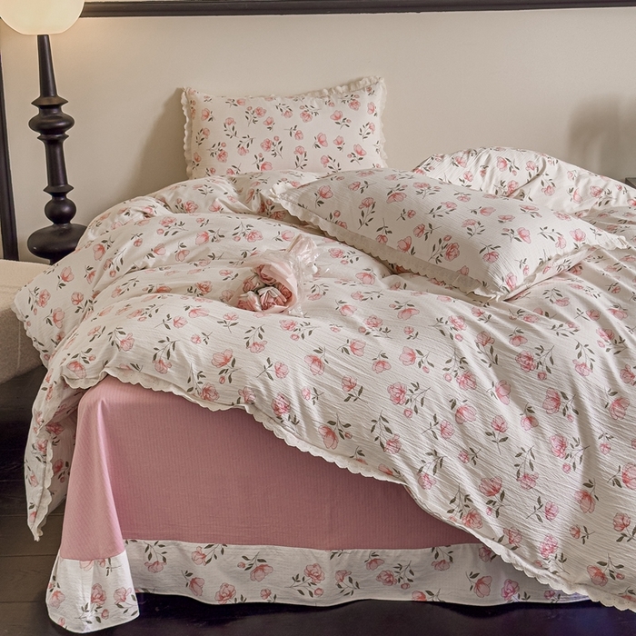 91家纺网 家纺一手货源 找家纺 可思家纺 2025新款法式皱皱纱四件套 粉佳人