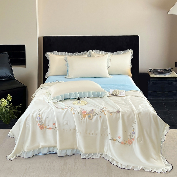 91家纺网 家纺一手货源 找家纺 梦舒羽 2025新款刺绣水洗真丝花边夏被四件套宿舍夏凉被床单枕套三件套-蝶梦花边款 蝶梦-蓝 花边款