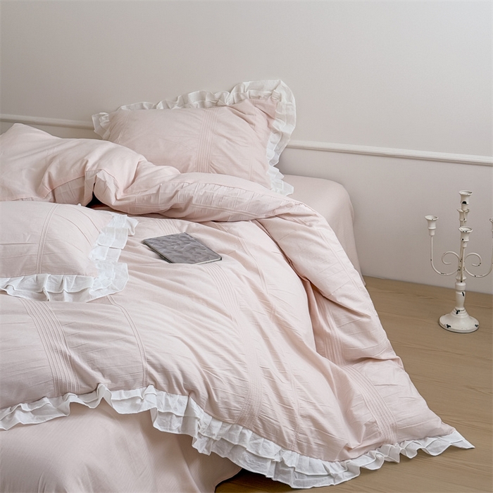 91家纺网 家纺一手货源 找家纺 尺素 2025纯棉双层花边韩式四件套全棉纯色ins风民宿被套纯色1.8床笠双人加大床单公主风床上用品 奶泡泡-涂涂小桃