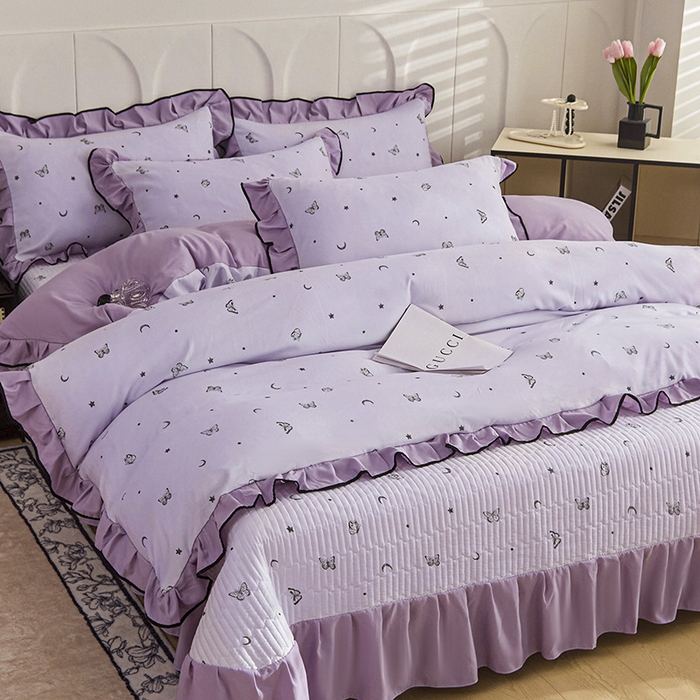 91家纺网 家纺一手货源 找家纺 铠畅家纺 2025新款有氧双层纱印花夹棉床盖四件套-终版 蝴蝶纷飞 星空紫