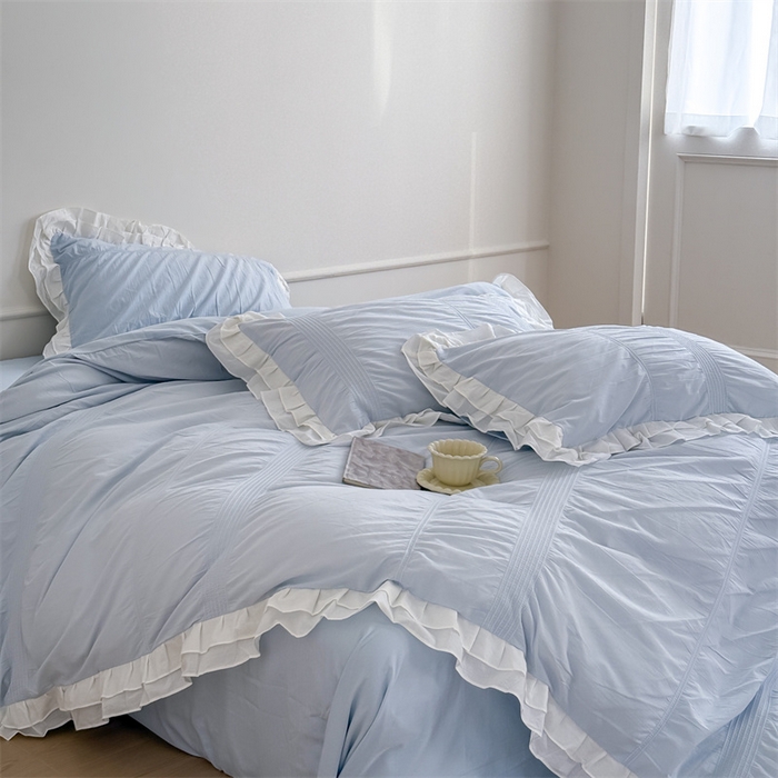 91家纺网 家纺一手货源 找家纺 尺素 2025纯棉双层花边韩式四件套全棉纯色ins风民宿被套纯色1.8床笠双人加大床单公主风床上用品 奶泡泡-也许雾蓝