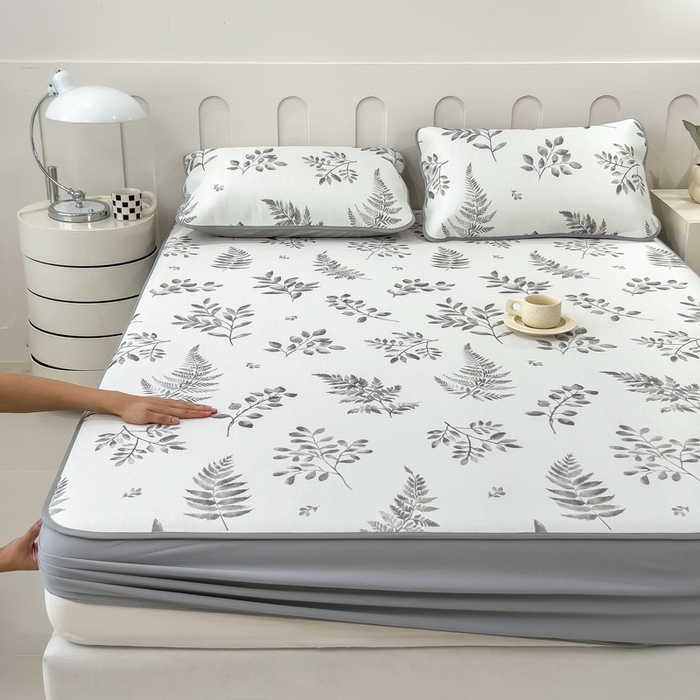 91家纺网 家纺一手货源 找家纺 2025年新款600D丝滑冰丝凉席-床笠款 素叶灰