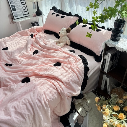 2025新款毛巾绣单夏被夏被四件套 爱心-粉色