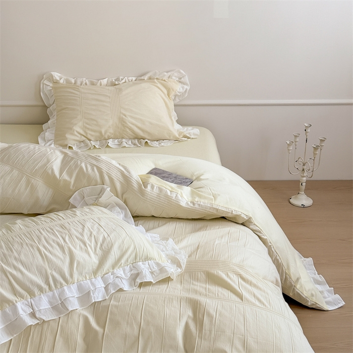 91家纺网 家纺一手货源 找家纺 尺素 2025纯棉双层花边韩式四件套全棉纯色ins风民宿被套纯色1.8床笠双人加大床单公主风床上用品 奶泡泡-芝芝软芙