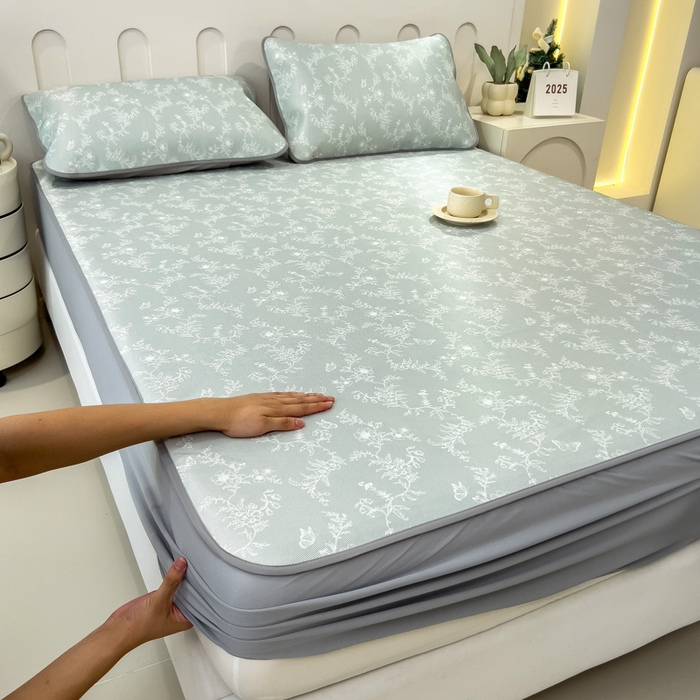 91家纺网 家纺一手货源 找家纺 2025年新款600D丝滑冰丝凉席-床笠款 连理枝白