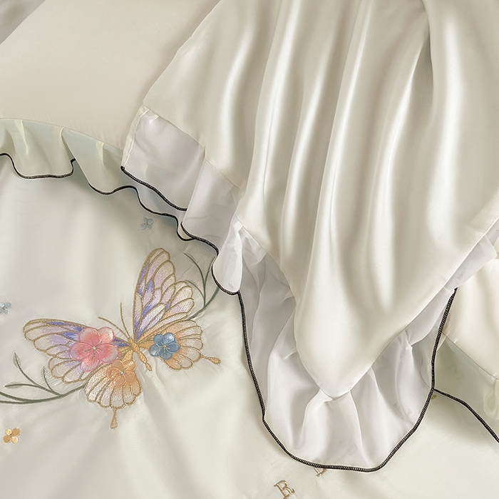 91家纺网 家纺一手货源 找家纺 梦舒羽 2025新款刺绣水洗真丝花边夏被四件套宿舍夏凉被床单枕套三件套-蝶梦花边款 蝶梦-蓝 花边款