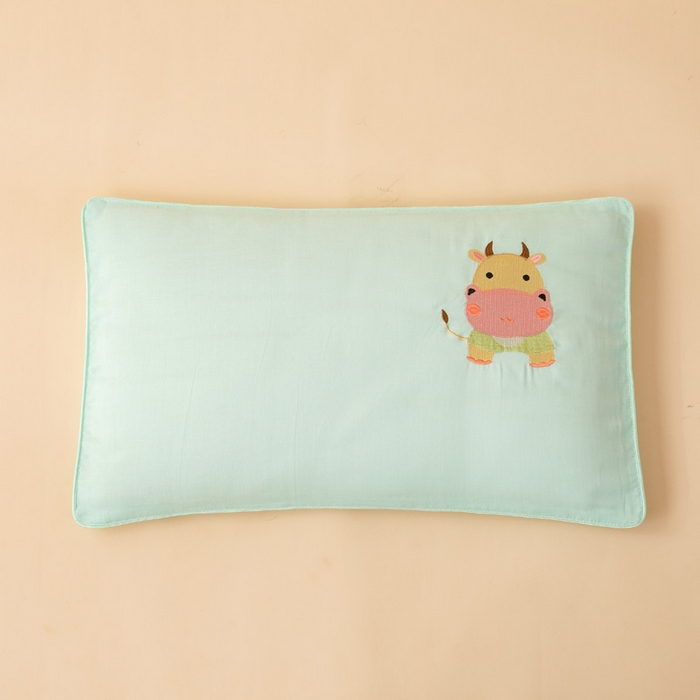 91家纺网 家纺一手货源 找家纺 喜多兔2025新款小轻柔纯棉双层纱枕套枕头 绿色萌小牛