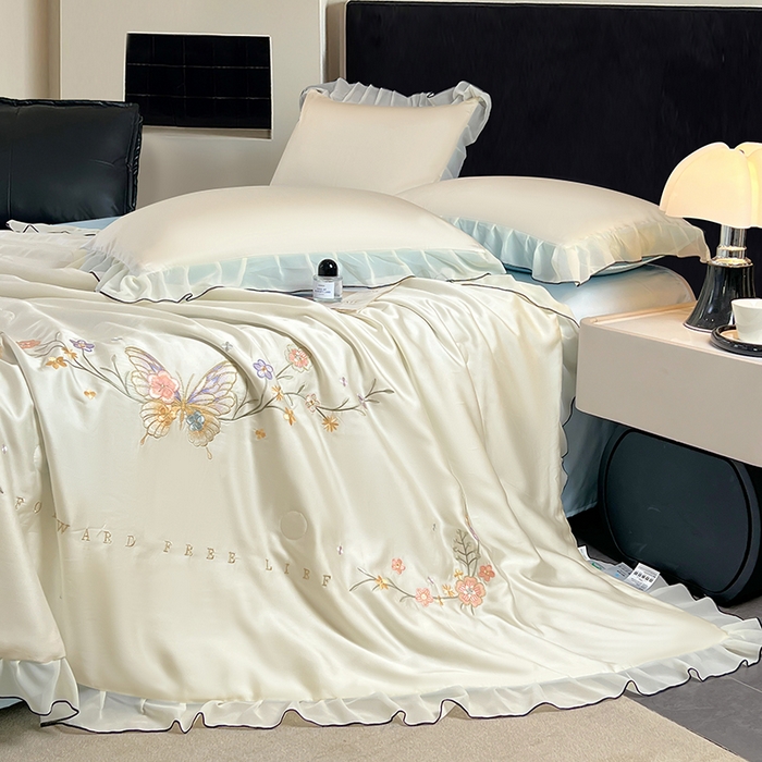 91家纺网 家纺一手货源 找家纺 梦舒羽 2025新款刺绣水洗真丝花边夏被四件套宿舍夏凉被床单枕套三件套-蝶梦花边款 蝶梦-蓝 花边款