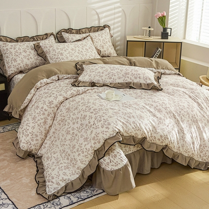 铠畅家纺 2025新款有氧双层纱印花夹棉床盖四件套-终版 香槟玫瑰