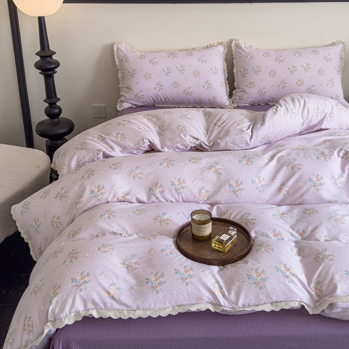 91家纺网 家纺一手货源 找家纺 可思家纺 2025新款法式皱皱纱四件套 紫薰