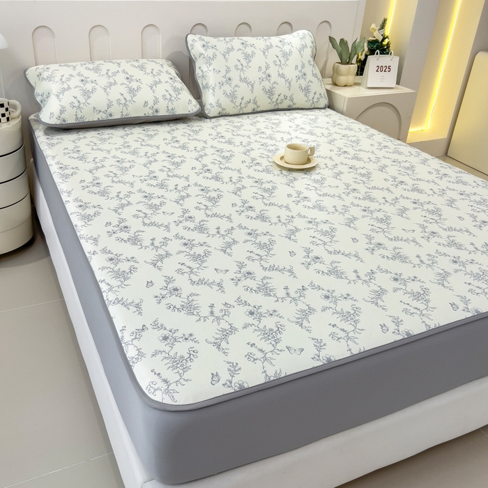 91家纺网 家纺一手货源 找家纺 2025年新款600D丝滑冰丝凉席-床笠款 连理枝蓝