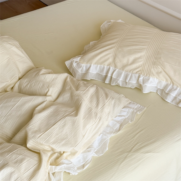 91家纺网 家纺一手货源 找家纺 尺素 2025纯棉双层花边韩式四件套全棉纯色ins风民宿被套纯色1.8床笠双人加大床单公主风床上用品 奶泡泡-芝芝软芙