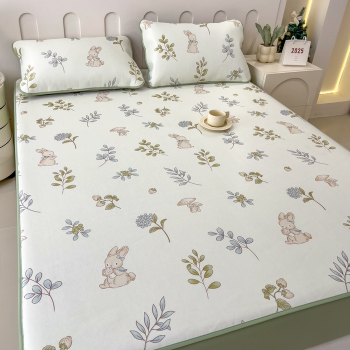 91家纺网 家纺一手货源 找家纺 2025年新款600D丝滑冰丝凉席-床笠款 蘑菇小兔