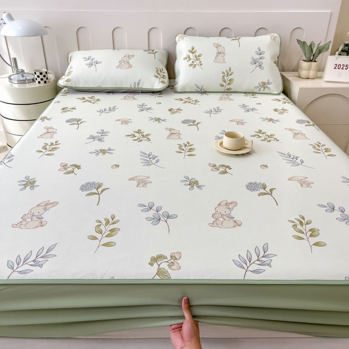 91家纺网 家纺一手货源 找家纺 2025年新款600D丝滑冰丝凉席-床笠款 蘑菇小兔