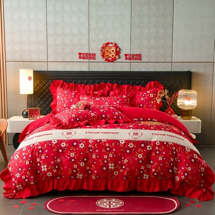 91家纺网 家纺一手货源 找家纺 （总）卓缦2025新款亲肤棉韩版婚庆印花花边婚庆四件套