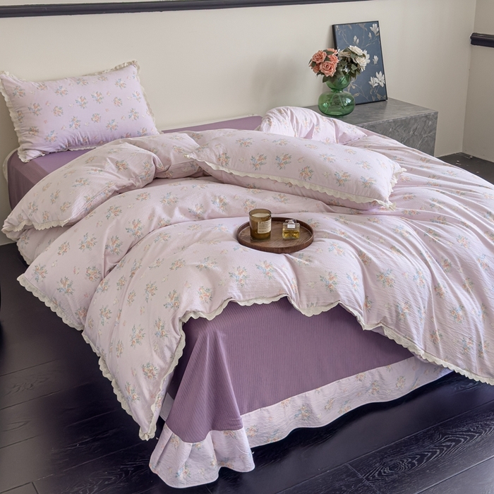 91家纺网 家纺一手货源 找家纺 可思家纺 2025新款法式皱皱纱四件套 紫薰