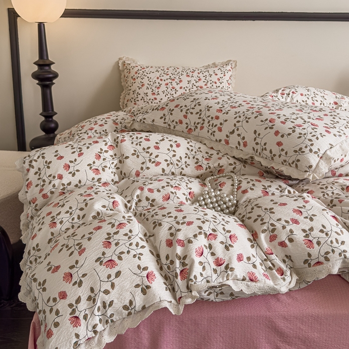 91家纺网 家纺一手货源 找家纺 可思家纺 2025新款法式皱皱纱四件套 桃夭