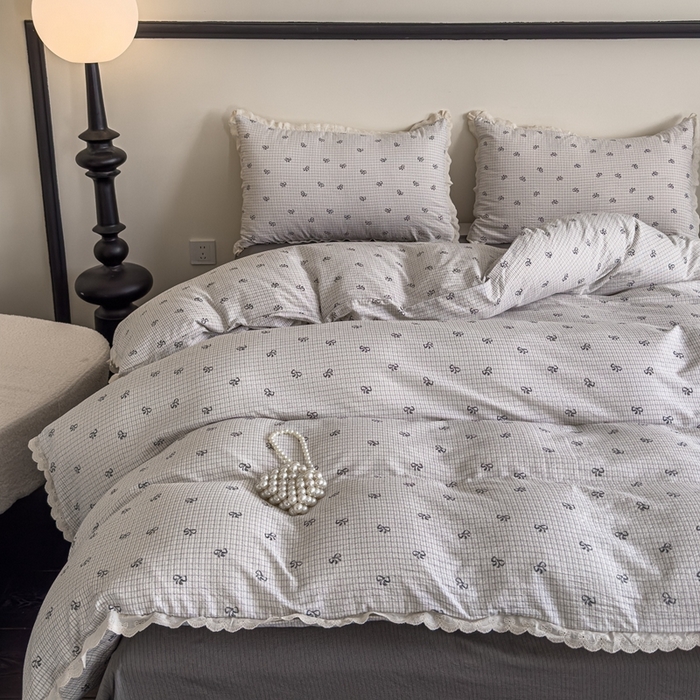 91家纺网 家纺一手货源 找家纺 可思家纺 2025新款法式皱皱纱四件套 甜心格子