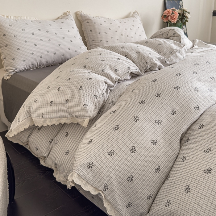 91家纺网 家纺一手货源 找家纺 可思家纺 2025新款法式皱皱纱四件套 甜心格子