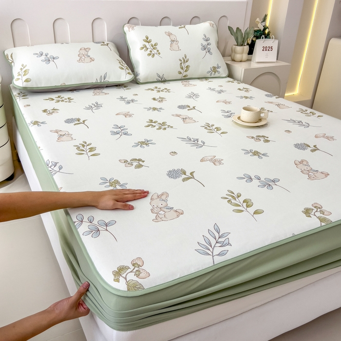 91家纺网 家纺一手货源 找家纺 2025年新款600D丝滑冰丝凉席-床笠款 蘑菇小兔