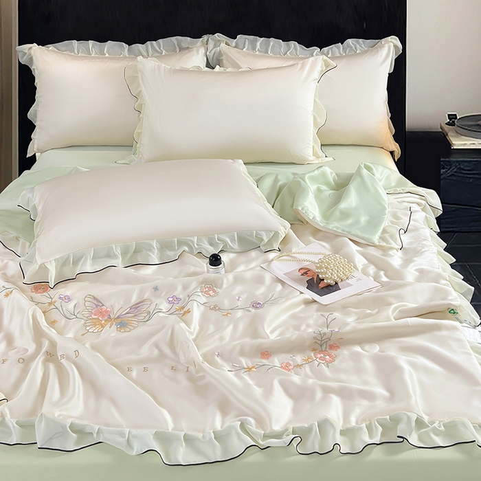 91家纺网 家纺一手货源 找家纺 梦舒羽 2025新款刺绣水洗真丝花边夏被四件套宿舍夏凉被床单枕套三件套-蝶梦花边款 蝶梦-绿 花边款